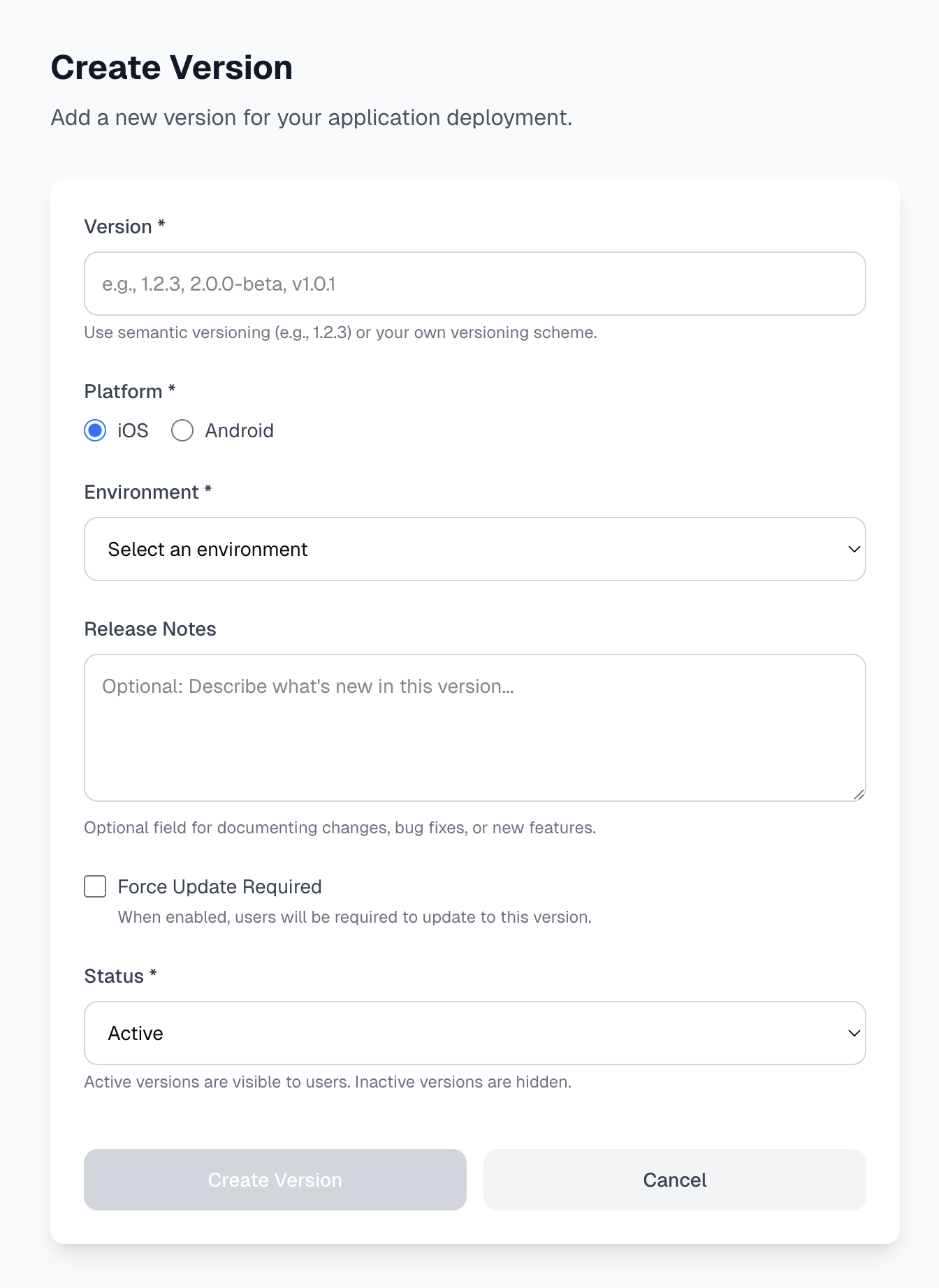 Create version form